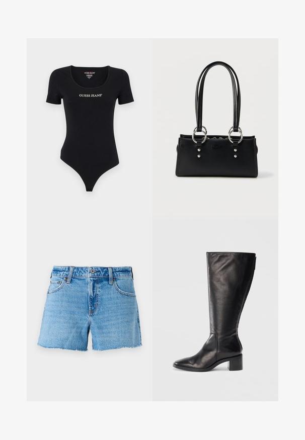 Mustapaitainen lyhythihainen bodysuit, jossa on pyöreä kaula-aukko ja valkoinen "GUESS JEANS" -logo. Valmistettu pehmeästä ja venyvästä materiaalista, jolla on istuva siluetti.; Farkkushortsit vaalean sinisenä, joissa on raaka reuna, viisi taskua ja messinkinen nappisuljenta. Sileä pinta, jossa on leggero haalistumista.; Mustat nahkaiset polvipituiset saappaat, jossa on neliömäinen kärki, paksu korko ja tyylikäs muotoilu. Sileä pinta ja sivuvetoketju helppoa pukemista varten.; Musta suorakaiteen muotoinen käsilaukku, jossa on kaksinkertaiset käsikahvat, hopeanväriset rengasolkahosat ja hillitty kohokuvioitu logo edessä valkoista taustaa vasten.
