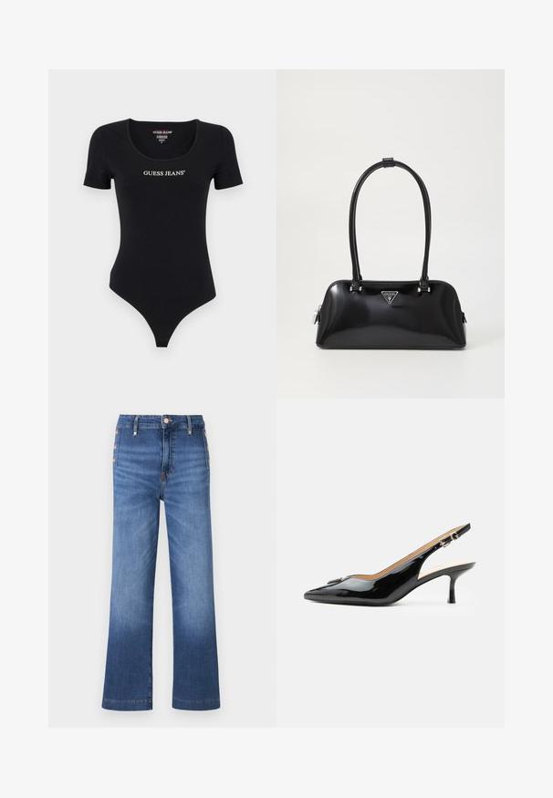 Zwart kortemouwens rompertje met een ronde hals en het "GUESS JEANS" logo in het wit. Gemaakt van zachte, stretchy stof met een aansluitende pasvorm.; Blauwe jeans met wijde pijpen, zijdezijdige knoopdetails en een hoge taille.; Zwarte lakleren slingback hak met spitse neus, kleine kittenhak en zilveren gespsluiting op een effen witte achtergrond.; Zwarte glanzende handtas met een gebogen silhouet, twee handvatten en een logo plaatje aan de voorkant. Ritssluiting en glanzende hardware accenten.