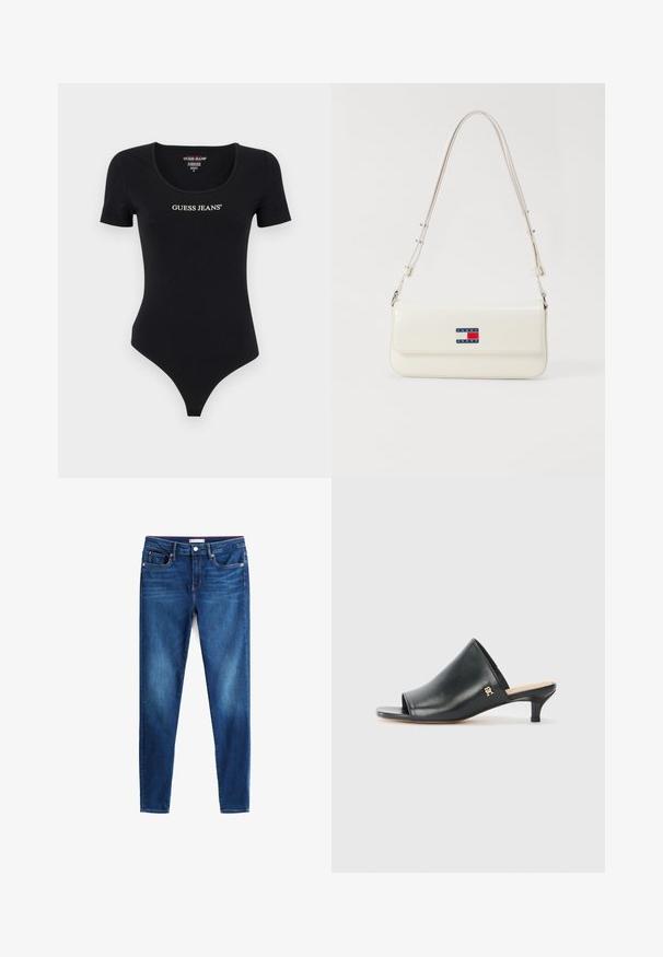 Sort kortærmet bodysuit med scoop halsudskæring og "GUESS JEANS" logo i hvid. Lavet af blødt, strækbart materiale med en tætsiddende silhuet.; Blå denim skinny jeans med forside knap og lynlås, fem lommer og let falmning på lårene og knæene.; Sorte læder open-toe mules med en lav hæl. Har en glat overflade og et guld logo-prim på siden.; Hvid faux læder skuldertaske med en lang rem, der har en magnetisk flap og et logo patch i blå, rød og hvid på fronten.