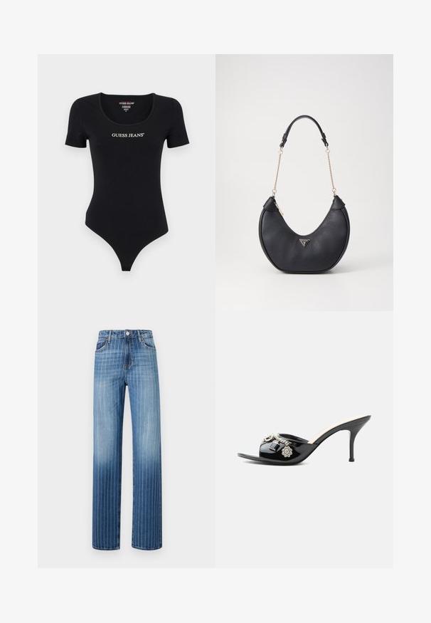 Zwart kortemouwens rompertje met een ronde hals en het "GUESS JEANS" logo in het wit. Gemaakt van zachte, stretchy stof met een aansluitende pasvorm.; Lichtblauwe denim jeans met verticale witte pinstripes, recht model, vijf zakken en knoopsluiting aan de taille.; Zwarte lakleren mule met hoge hak, open teen en decoratieve zilveren bedels, waaronder een bloem en hangslot op de voorste band.; Zwarte leren schoudertas met een gebogen vorm, accentueert met een gouden ketting en een logo plaatje. Voorzien van een ritssluiting en een gestructureerde oppervlakte.