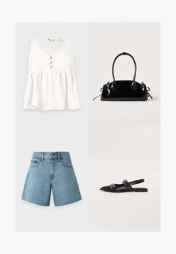 Haut blanc sans manches en maille côtelée avec col en V et trois petits boutons en bois sur le devant.; Shorts en denim bleu clair, avec une taille haute, cinq poches et un ourlet brut. Fabriqués en tissu de coton texturé avec un design classique.; Even&Odd by Zalando Ballerines à brides arrière - black; Petit sac à main noir brillant avec deux longues anses et des détails à cordon sur les côtés sur un fond clair uni.