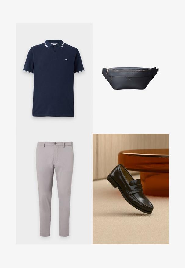 Polo de color azul marino en tejido texturizado con cuello clásico, con ribetes blancos y un pequeño logo. Mangas cortas y tapeta de dos botones.; Chinos de algodón grises con una textura suave, corte ajustado, cierre frontal de botón y bolsillos laterales. Diseño hasta el tobillo con un detalle mínimo.; Mocasín de cuero negro brillante con detalle de correa, colocado sobre una alfombra beige cerca de una mesa de café redonda marrón en una habitación con iluminación suave.; Riñonera negra de cuero Calvin Klein con dos compartimentos con cremallera y correa ajustable con hebilla metálica.