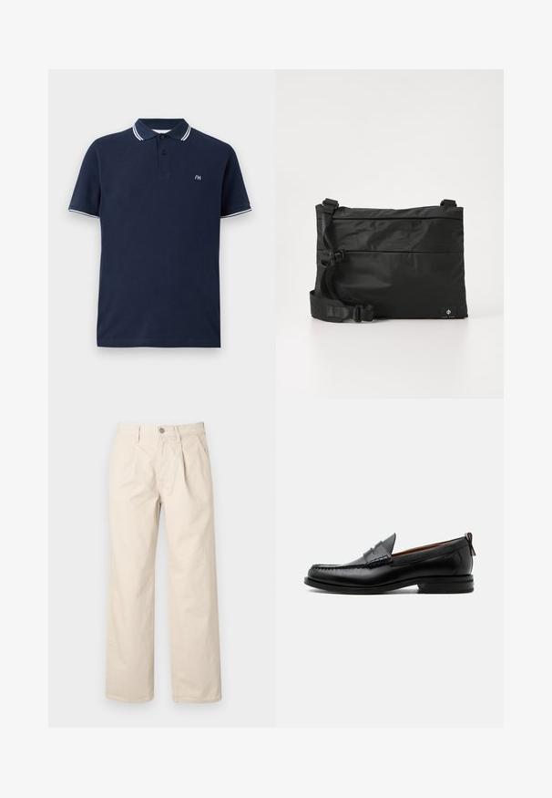Polo de color azul marino en tejido texturizado con cuello clásico, con ribetes blancos y un pequeño logo. Mangas cortas y tapeta de dos botones.; Pantalones de pierna ancha beige con cintura alta, que cuentan con pliegues frontales, cierre con botón en la parte delantera y una suave tela de algodón.; Mocasín de hombre de piel negra con costura moc toe, tira penny, cuello texturizado y tacón bajo apilado sobre fondo blanco.; Bolso mensajero de nylon negro con correa ajustable, diseño plano y una etiqueta lateral con un logo. Textura suave y estilo minimalista.
