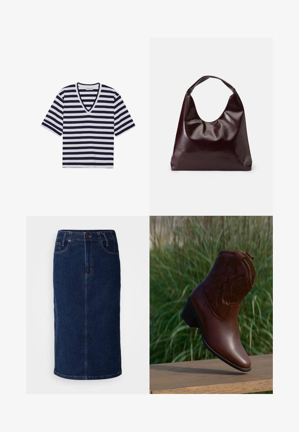 Gestreept T-shirt in marineblauw en wit, met een V-hals ontwerp, korte mouwen en van zacht katoen.; Denim midi-jurk in donkerblauw, met een rechte snit, voorzakken en contrasterende oranje stiksels. Gladde textuur met minimale details.; Bruine leren cowboylaars met decoratief stiksel, schuin omhoog geplaatst op een houten oppervlak met een vage groene grasachtergrond.; Bordeaux, glanzende vegan leren totebag met een zachte, sculpturale vorm en een brede, gebogen handgreep voor makkelijk dragen.