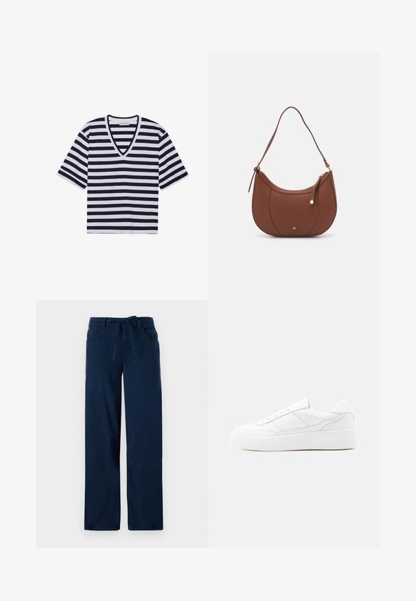 Gestreept T-shirt in marineblauw en wit, met een V-hals ontwerp, korte mouwen en van zacht katoen.; Navyblauwe wijde broek van een katoenmix, met een koord in de taille, twee voorzakken en een zachte textuur.; Witte lage sneaker met dikke zool, veterontwerp en subtiele stikselaccenten op een effen lichte achtergrond.; Bruine faux leren schoudertas met een gebogen vorm, minimale stiksels en een gouden hardware-accent. Voorzien van een bovenste ritsluiting en een verstelbare schouderband.