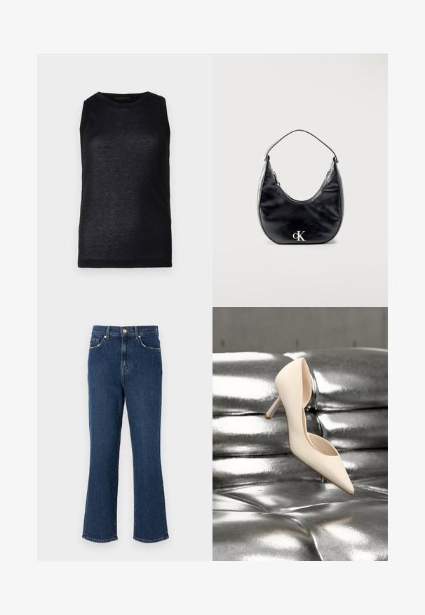 Haut sans manches noir en tissu léger. Il présente un col rond et une texture lisse avec un éclat subtil. Design simple, sans motifs.; Jean en denim bleu foncé, évasés, avec une taille bien dessinée, des poches avant et des détails en métal doré. Texture lisse avec des coutures détaillées.; Chaussure à talon haut couleur crème flottant au-dessus d'un canapé en cuir argenté matelassé brillant, sans personnes ni actions visibles.; Sac à main en cuir noir en forme de croissant avec une sangle courte et un logo "cK" argenté sur le devant, fermeture éclair en haut.