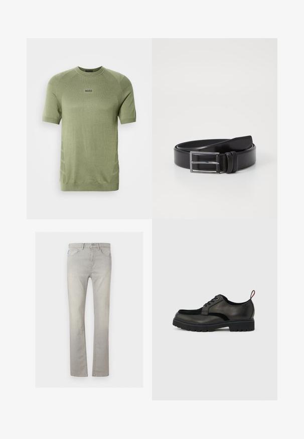 Chemise en maille vert olive à manches courtes avec col ras du cou et logo "BOSS" centré sur la poitrine.; Jean gris clair à jambes droites avec cinq poches, fermeture par boutons et passants de ceinture, présenté sur un fond uni.; Chaussure noire en cuir à lacets avec semelle épaisse crantée et languette rouge à l'arrière, vue de profil sur un fond gris clair.; Ceinture en cuir noir au toucher lisse, dotée d'une boucle rectangulaire en argent et d'un double détail de broche. Design classique et polyvalent.
