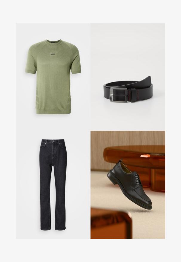 Chemise en maille vert olive à manches courtes avec col ras du cou et logo "BOSS" centré sur la poitrine.; Jean en denim noir taille haute avec fermeture à bouton et à glissière, poches avant et arrière, et coupe droite.; Chaussure habillée noire en cuir à lacets avec devant texturé, flottant au-dessus d'un tapis beige dans une pièce moderne avec des meubles teintés d'ambre.; Ceinture en cuir noir avec une boucle en métal argenté et des accents de surpiqûres rouges, présentant une texture lisse et mate ainsi qu'un design classique.