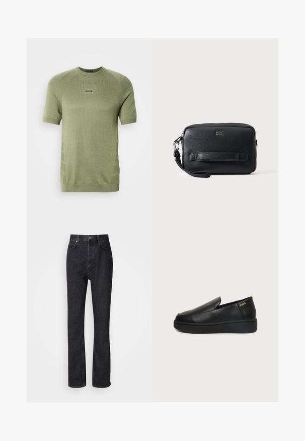 Chemise en maille vert olive à manches courtes avec col ras du cou et logo "BOSS" centré sur la poitrine.; Jean en denim noir taille haute avec fermeture à bouton et à glissière, poches avant et arrière, et coupe droite.; Chaussure noire en cuir à enfiler avec semelle épaisse et petits trous de ventilation latéraux, avec un logo doré "HUGO" près du talon.; Petit sac bracelet en cuir noir texturé avec fermeture éclair, bande horizontale sur le devant, petit logo argenté "BOSS" et bracelet détachable sur le côté gauche.