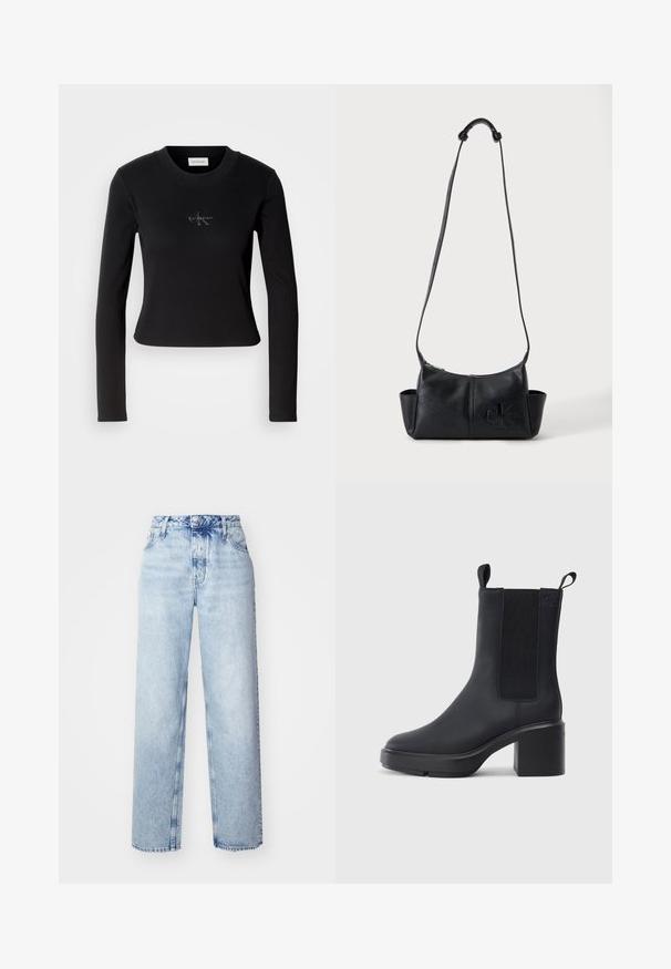 Zwarte lange mouw top met een getailleerd ontwerp en een klein Calvin Klein-logo op de borst, weergegeven tegen een witte achtergrond.; Lichtblauwe high-waisted jeans met een losse pasvorm, met rechte pijpen, vijf zakken en een klassieke knoop- en ritssluiting.; Zwarte enkellaars met een gladde rubberen materiaal, elastische zijkanten, blokhak en instaplipjes aan de bovenkant voor makkelijk aan- en uittrekken.; Zwarte leren crossbodytas met lange verstelbare schouderband, zijvakken, ritssluiting en een reliëf Calvin Klein-logo aan de voorkant.
