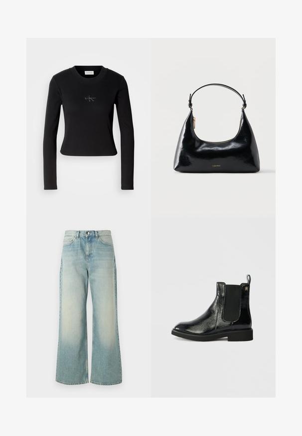 Sort langærmet top med en tætsiddende design og et lille Calvin Klein-logo på brystet, præsenteret mod en hvid baggrund.; Lyseblå vide jeans lavet af denim, med en afdæmpet vask, klassisk fem-lomme design og en frontknaplukning.; Sorte læder Chelsea støvle med blank overflade, elastiske sidepaneler og løkkehåndtag. Flad sål og rund tå. Minimalistisk design med guldfarvet logo-detalje.; Sort blank Calvin Klein håndtaske med gyldent lynlås og kort rem mod en ensfarvet hvid baggrund.