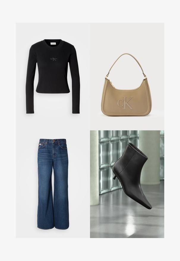 Sort langærmet top med en tætsiddende design og et lille Calvin Klein-logo på brystet, præsenteret mod en hvid baggrund.; Bredde jeans lavet af mørkeblåt denim. Funktioner inkluderer en høj talje, fem lommer og kontrasterende orange syninger langs sømmene.; Sort læderankelstøvle med spids tå og lille hæl vist mod en væg af glasblokke og poleret gulv baggrund.; Calvin Klein håndtaske i taupe læder med en glat tekstur, buet form, præget "CK" logo og en enkelt skulderrem. Lynlås på toppen.