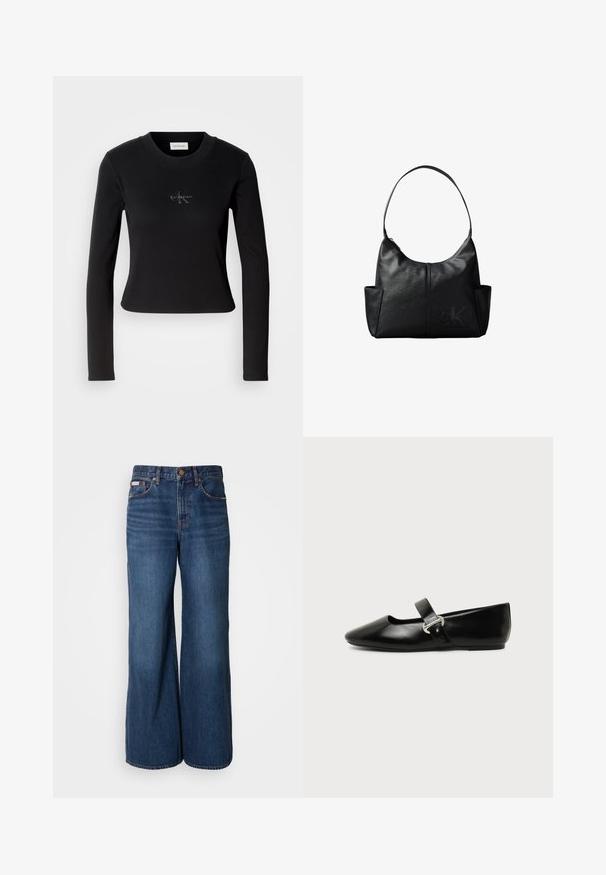 Sort langærmet top med en tætsiddende design og et lille Calvin Klein-logo på brystet, præsenteret mod en hvid baggrund.; Bredde jeans lavet af mørkeblåt denim. Funktioner inkluderer en høj talje, fem lommer og kontrasterende orange syninger langs sømmene.; Sort læder Mary Jane-flad sko med rundet tå og sølvspænde på ensfarvet baggrund.; Sort læder skuldertaske med en enkelt rem, sidelommer og et diskret prægede Calvin Klein-logo på forsiden nederst til højre.