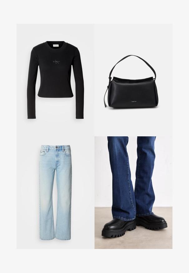 Zwarte lange mouw top met een getailleerd ontwerp en een klein Calvin Klein-logo op de borst, weergegeven tegen een witte achtergrond.; Lichtblauwe wijde jeans van denim, voorzien van een klassiek vijf-pocket ontwerp en een subtiele vervaagde textuur. Denimstiksels zijn zichtbaar.; Chunky zwarte platformlaarzen met gestructureerde rubberen zolen, een ronde neus en een glad leren bovenwerk, gecombineerd met blauwe flared jeans.; Zwarte leren handtas met een gebogen vorm, een enkele schouderband en een ritsluiting aan de bovenkant. Heeft een subtiel logo aan de voorkant voor branding.