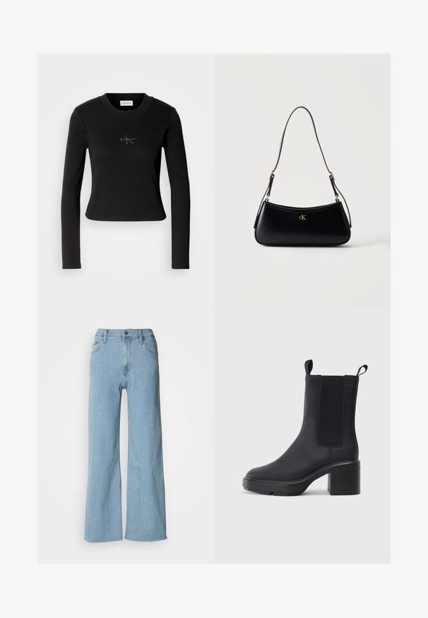 Sort langærmet top med en tætsiddende design og et lille Calvin Klein-logo på brystet, præsenteret mod en hvid baggrund.; Lyseblå vidde jeans lavet af denim, med en tætsiddende talje, fem-lomme design og subtile syningsdetaljer.; Sorte ankelstøvler i glat gummimateriale, med elastiske sidepaneler, blokhæle og trækskilt øverst for nem påtagning.; Sort læder skuldertaske med kurvet form, justerbar rem og gyldent "cK" logo foran i midten.