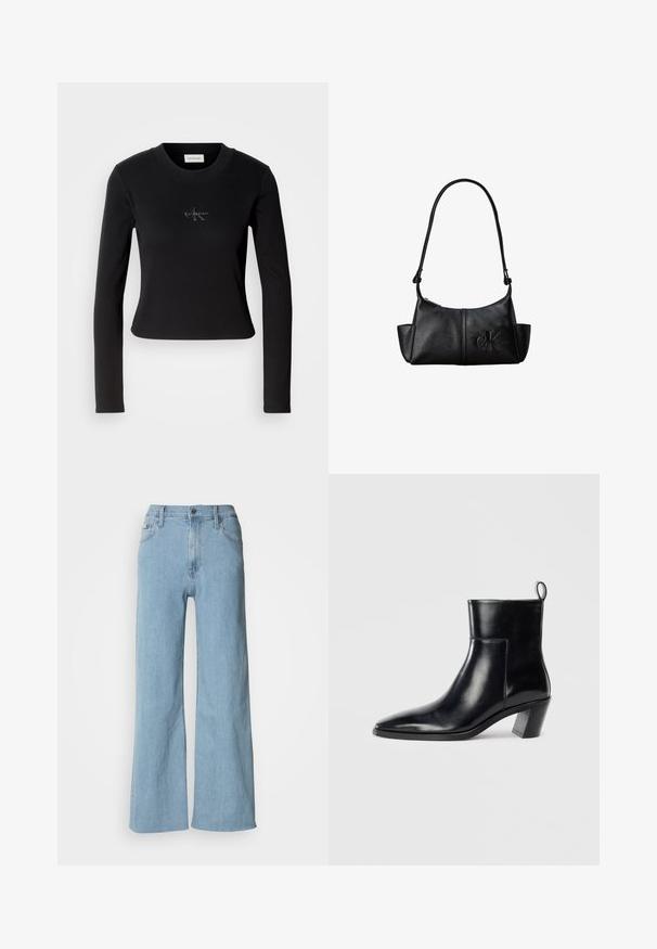 Sort langærmet top med en tætsiddende design og et lille Calvin Klein-logo på brystet, præsenteret mod en hvid baggrund.; Lyseblå vidde jeans lavet af denim, med en tætsiddende talje, fem-lomme design og subtile syningsdetaljer.; Sort læder ankelstøvle med spids tå, geometrisk stablet hæl og en løftestrop bagpå. Glat tekstur og slankt design.; Sort læder skuldertaske med lang rem, sidelommer og præget Calvin Klein-logo på fronten.