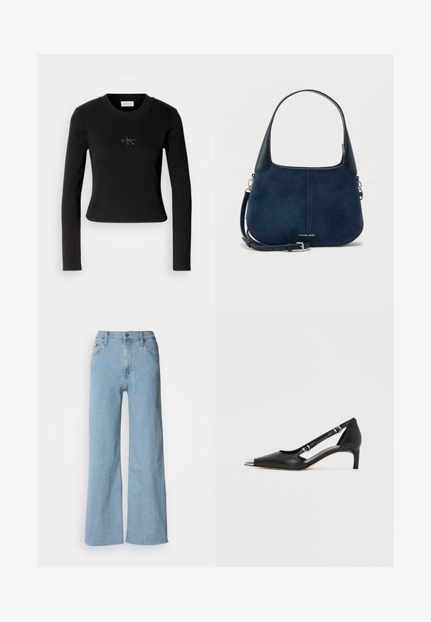 Čierny priliehavý top s dlhým rukávom a malým logom Calvin Klein na hrudi, vystavený na bielom pozadí.; Svetlomodré široké džínsy vyrobené z denimu, s upnutým pásom, piatimi vreckami a jemnými švovými detailmi.; Čierna kožená lodička s nízkym opätkom typu kitten, so špicatou striebristou špičkou a dvoma remienkami s prackami na bielom pozadí.; Tmavomodrá semišová kabelka s hladkými koženými akcentmi, zaoblenou hornou rukoväťou, nastaviteľným remienkom a detailom loga vpredu. Kompaktný a štruktúrovaný tvar.