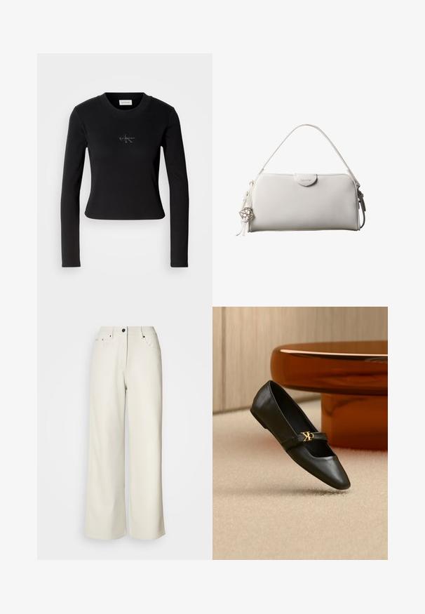 Sort langærmet top med en tætsiddende design og et lille Calvin Klein-logo på brystet, præsenteret mod en hvid baggrund.; Cremefarvede bukser med brede ben lavet af glat stof. Har en mellemhøj talje, lynlås i gulvet og to frontlommer med sorte hardware accenter.; Sort læder flad sko med spids tå og gyldent CK-logo på rem, placeret på beige tæppe nær et rundt ravbrunt bord.; Hvid rektangulær Calvin Klein håndtaske med enkelt håndtag, minimalistisk design og dekorative kvaster med geometrisk metalvedhæng på siden.