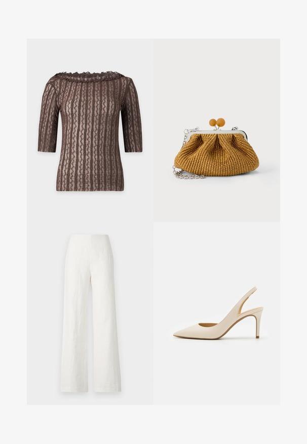 Top marron en dentelle à manches courtes avec motif à rayures ondulées verticales et col à volants sur fond clair.; Pantalons larges en lin blanc avec une texture lisse et une taille haute. Présente une silhouette simple et épurée sans embellissements.; Escarpin slingback en cuir beige avec un bout pointu et un talon haut fin. Présente une découpe au talon et une finition lisse.; Petite pochette tissée marron avec cadre métallique argenté, deux fermoirs ronds en bois, et une courte chaîne argentée sur fond blanc.