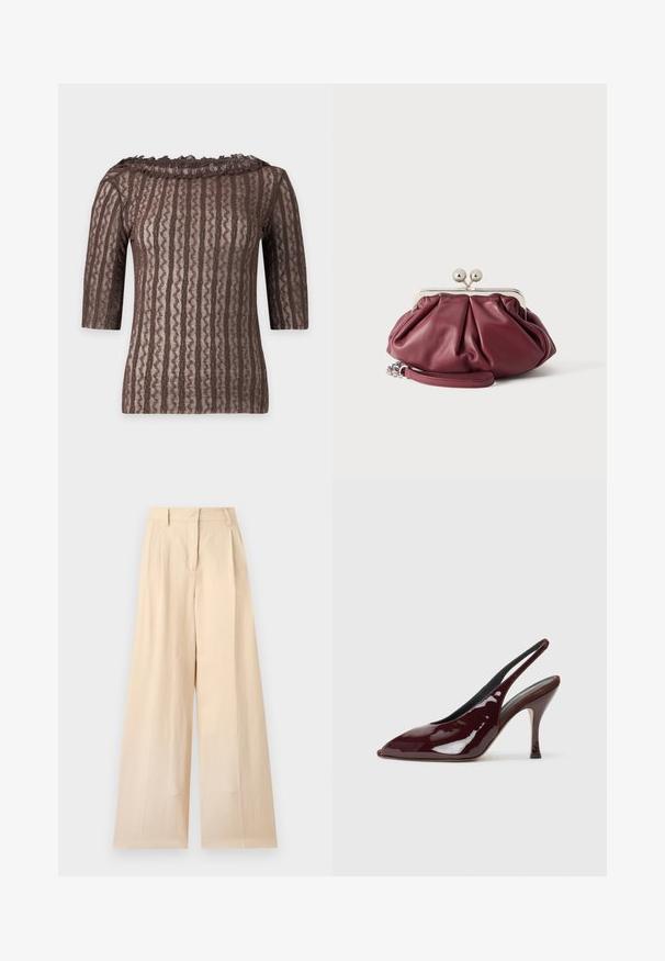 Top marron en dentelle à manches courtes avec motif à rayures ondulées verticales et col à volants sur fond clair.; Pantalon beige taille haute à jambes larges avec passants de ceinture et fermeture éclair devant sur un fond uni clair.; NEOUS HAMAL - Escarpins à talons hauts - dark chocolate; Petite pochette en cuir bordeaux avec fermoir en métal argenté et bracelet pour poignet sur fond blanc.