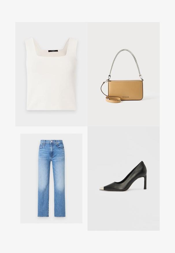 Haut sans manches blanc avec un décolleté carré, fabriqué à partir d'un tissu lisse et doux. Présente une coupe décontractée et un design minimaliste.; Jean en denim bleu taille haute, coupe droite, avec poches avant, passants pour ceinture, bouton, et détails délavés sur les cuisses et les genoux.; Chaussure à talon haut en cuir noir avec bout pointu et capuchon argenté métallique. Présente une finition lisse et un talon fin de 10 cm.; Sac à bandoulière rectangulaire en cuir marron clair avec poignée chaîne argentée et sangle en cuir marron clair attachée, logo "Michael Kors" embossé sur le devant.