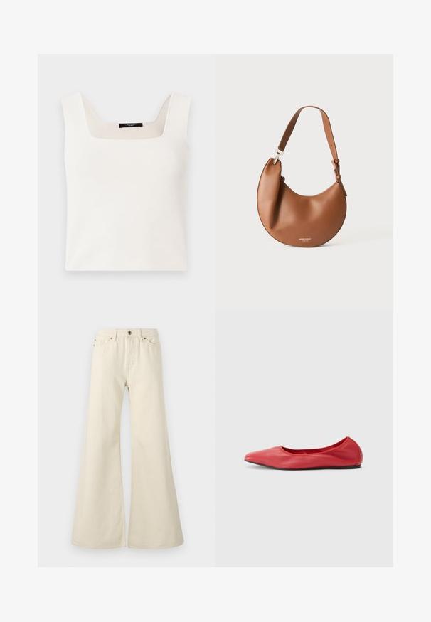 Haut sans manches blanc avec un décolleté carré, fabriqué à partir d'un tissu lisse et doux. Présente une coupe décontractée et un design minimaliste.; Jeans évasés beige clair en coton. Dotés d'une taille haute, de cinq poches et d'une fermeture à bouton avec des détails de couture contrastés.; Filippa K REY FLATS - Ballerines - bright red; Sac d'épaule en cuir marron en forme de croissant avec une bandoulière réglable et un petit texte logo argenté en bas au centre.