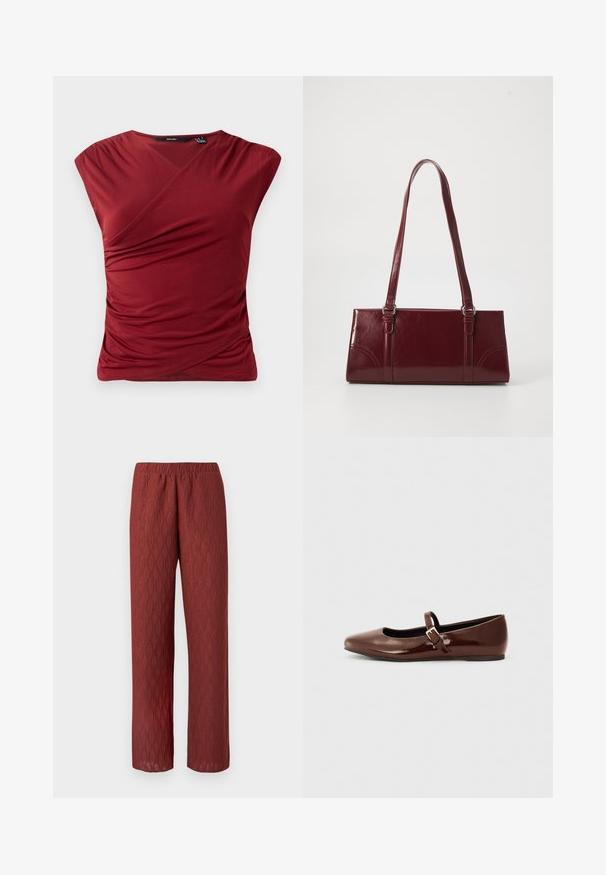 Haut rouge à manches courtes avec un design croisé, présentant une texture froncée sur le côté et une finition en tissu lisse et doux.; Pantalon rouge à jambes larges en tissu texturé avec un motif ondulé ; doté d'une ceinture élastique et d'une coupe décontractée.; Ballerine en cuir verni marron avec un bout carré et une lanière ornée d'une petite boucle dorée. Texture lisse, talon bas et design minimaliste.; Sac à main bordeaux en matériau brillant, de forme rectangulaire, avec deux anses et des accents légèrement courbés à l'avant.