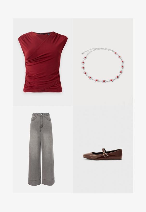 Top corto rojo de mangas cortas con diseño envolvente, que presenta una textura fruncida en el lateral y un acabado de tela suave y lisa.; Pantalones de mezclilla grises de tiro alto y corte ancho, con cinturón trenzado, bolsillos delanteros, cierre de botones y bajos doblados.; Bailarina de charol marrón con punta cuadrada y tira que presenta una pequeña hebilla dorada. Textura suave, tacón bajo y diseño minimalista.; Collar de cadena de plata con eslabones ovalados, cada uno con una piedra circular roja en el centro, dispuestos en un patrón simétrico.