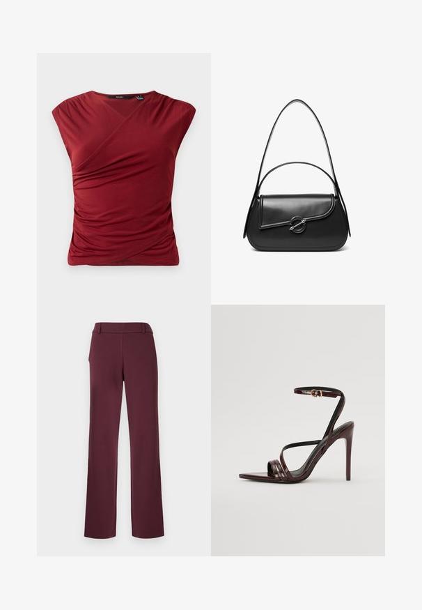 Rotes kurzärmeliges Oberteil mit Wickeldesign, das an der Seite eine geraffte Textur und eine glatte, weiche Stoffoberfläche aufweist.; Bordeauxrote Hose mit geradem Bein, aus einem glatten Stoff gefertigt, mit flachem Bund und dezenten Nahtakzenten.; Bordeaux-farbenes Lackleder-High-Heel-Sandale mit einem Knöchelriemen, spitzem Zehenbereich und drei horizontalen Riemen über dem Fuß. Details mit goldfarbener Schnalle.; Schwarze Lederschultertasche mit einer geschwungenen Klappe, die durch einen runden Metallverschluss gesichert ist, und einem schlanken, verstellbaren Riemen.