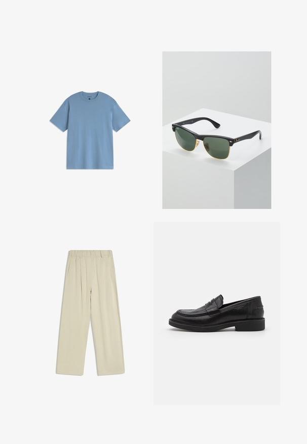 T-shirt bleu clair à manches courtes et col rond, coupe décontractée, présenté sur un fond blanc.; Pantalon beige taille haute avec ceinture élastique, jambes larges et poches latérales, présenté sur fond blanc.; Mocassins en cuir noir avec un bout arrondi, des coutures ton sur ton et un détail de sangle à l'avant. Semelle en caoutchouc avec un petit talon.; Lunettes de soleil Ray-Ban avec des verres verts, monture en plastique noir et accents dorés sur les bords. Forme carrée avec une finition mate.