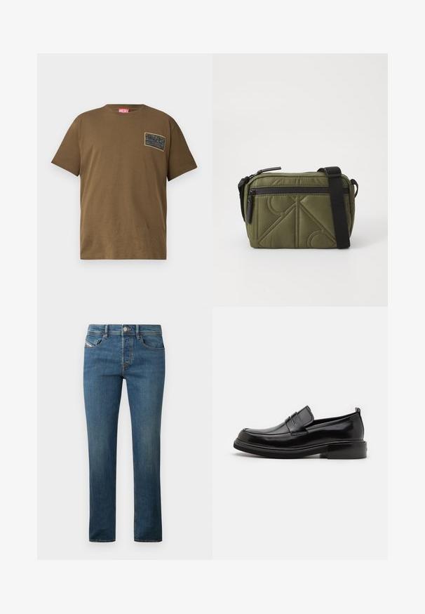 Camiseta de algodón marrón con cuello redondo, que presenta un parche gráfico negro en el lado izquierdo del pecho. Mangas cortas y dobladillo recto.; Jeans de mezclilla azul oscuro con un diseño de pierna recta, estilo de cinco bolsillos y un ligero desgaste. Presenta un botón de metal y trabillas para el cinturón.; Calvin Klein MOCCASIN - Mocasines elegantes - black; Bolso de tela acolchada de color verde olivo con una correa negra, que cuenta con un cierre superior de cremallera y un bolsillo exterior con cremallera adornado con patrones geométricos.