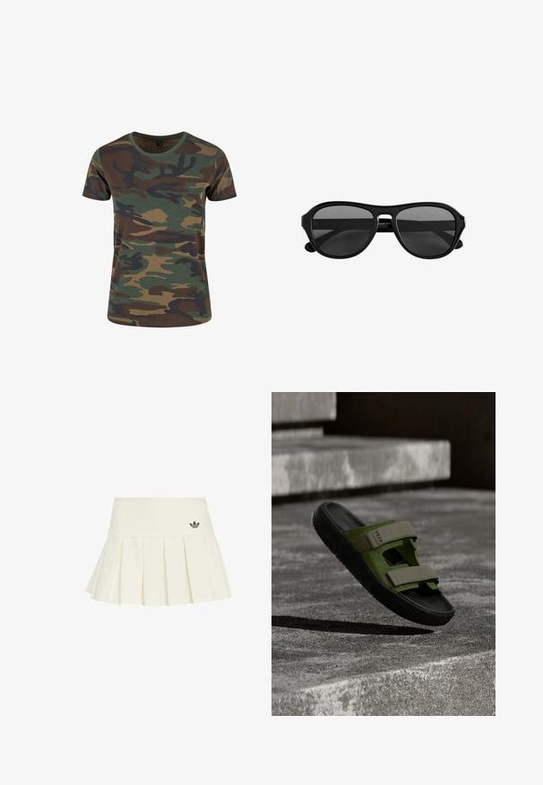 Vihreästä, ruskeasta ja mustasta väristä koostuva maastokuvioinen t-paita. Lyhyet hihat, pyöreä pääntie, pehmeä pinta ja klassinen istuvuus, kuvioituna orgaanisilla muodoilla.; adidas Originals Minihame - off white; Vihreä ja musta liukuva sandaali, jossa on kaksi säädettävää remmiä, valmistettu pehmeästä materiaalista. Kuvioitu kumipohja, jossa on leikkauskuvio.; Musta muovinen aurinkolasien kehys, jossa tummennetut linssit ja kapea silta, kuvattuna edestä valkoisella taustalla.