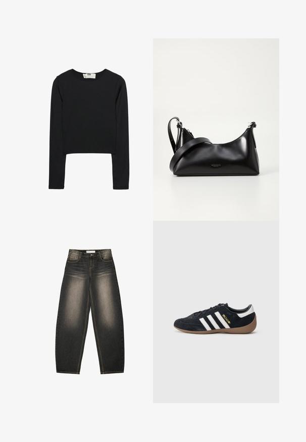 Čierny crop top s dlhým rukávom vyrobený z ľahkej látky, s okrúhlym výstrihom a priliehavým strihom, s čistými švami a bez ozdôb.; Svetlo šedé džínsy s širokými nohavicami a jemným opotrebením, s piatimi vreckami, kontrastným prešívaním a voľným strihom. Žiadne viditeľné vzory ani ozdoby.; Čierna semišová teniska s tromi bielymi pruhmi, gumovou podrážkou a malým zlatým logom na boku. Má hladkú čiernu vnútornú podšívku.; Čierna kožená kabelka s hladkou textúrou. Obsahuje nastaviteľný popruh a elegantný, minimalistický dizajn so zipsovým uzatvorením.