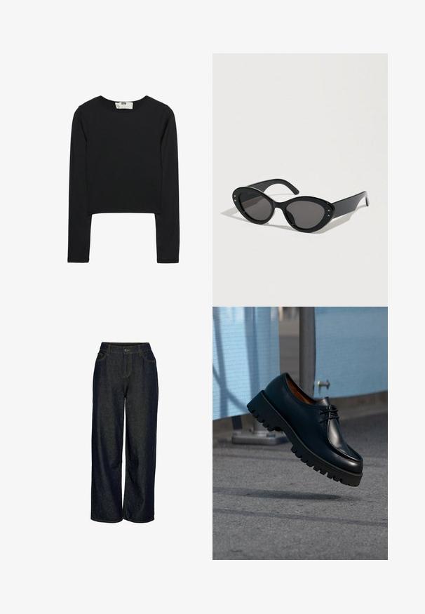 Čierny crop top s dlhým rukávom vyrobený z ľahkej látky, s okrúhlym výstrihom a priliehavým strihom, s čistými švami a bez ozdôb.; Džínsy so širokými nohavicami v tmavomodrej farbe s kontrastným žltým prešívaním. Obsahujú predné zapínanie na gombík a päť vreciek. Hladká textúra.; Čierna kožená obuv s mohutnou podrážkou plávajúca nad sivým chodníkom s modrými stavebnými zábranami v pozadí.; Čierne slnečné okuliare s veľkým tvarom pripomínajúcim mačacie oči. Hladké plastové obruby s tmavými sklami a malými hviezdičkovými akcentmi po stranách.