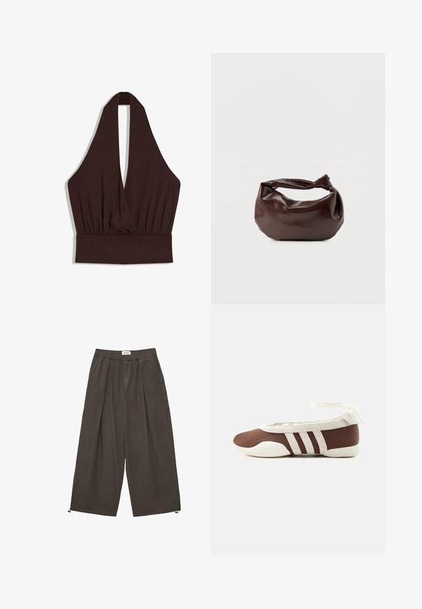 Haut court marron foncé sans manches à col licou avec un profond décolleté en V et un tissu froncé sous la poitrine.; Pantalon à jambes larges marron foncé avec ceinture élastique, plis à l'avant, poches latérales et cordons de serrage réglables à l'ourlet.; Chaussure plate de ballet marron et blanche avec trois bandes blanches et un nœud à nouer à la cheville sur un fond clair uni.; Sac bandoulière en cuir marron foncé avec une forme souple et décontractée et une anse nouée torsadée sur un fond blanc uni.