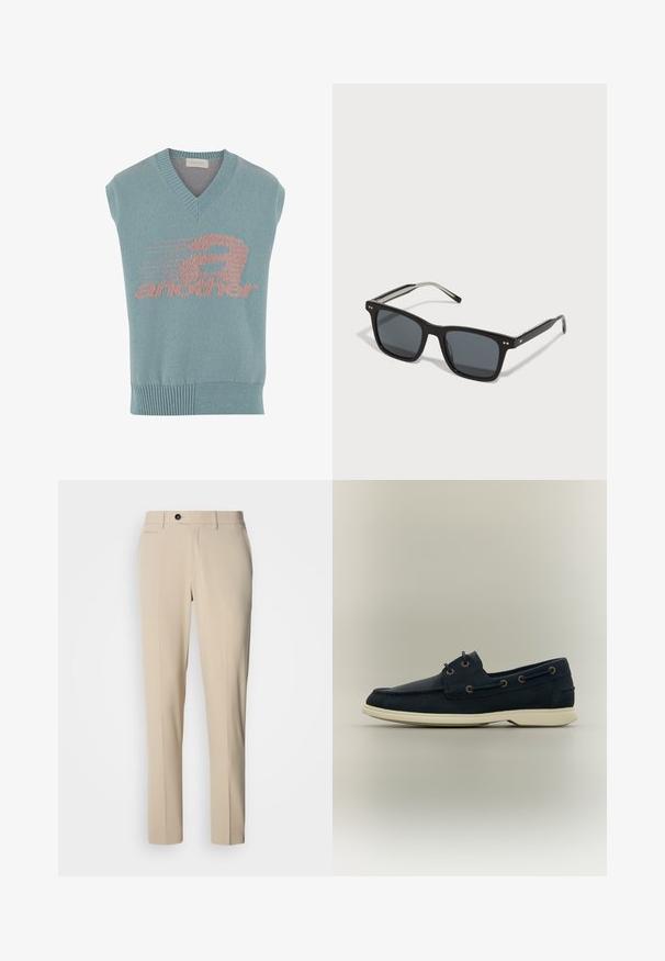 Chaleco de punto sin mangas en azul claro con escote en V, que presenta un diseño gráfico en rosa con la palabra "another" y un motivo de velocidad. Ribete acanalado.; Pantalones tailored beiges con tejido suave, corte recto, bolsillos frontales, un bolsillo trasero y cierre de botón.; Zapato náutico de cuero azul marino con suela de goma blanca, cordones laterales y detalle de marca cerca de los cordones, mostrado de perfil sobre un fondo liso.; Gafas de sol cuadradas negras con lentes oscuros, montura de plástico, acentos metálicos y logo distintivo en la patilla. Diseño elegante con un aspecto moderno.