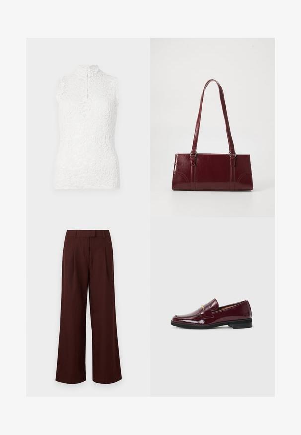 Haut sans manches en dentelle blanche avec col montant, motif floral et fermeture à boutons sur fond uni.; Pantalon à jambes larges et taille haute de couleur marron foncé, avec passants de ceinture et plis sur le devant, présenté sur un fond blanc uni.; Mocassins en cuir verni bordeaux à bout rond, avec une sangle décorative et un accent doré, montés sur une semelle en caoutchouc noire.; Sac à main bordeaux en matériau brillant, de forme rectangulaire, avec deux anses et des accents légèrement courbés à l'avant.