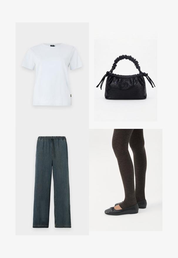 Hele sinine puuvillane T-särk klassikalise ümarakaelusega, lühikeste varrukatega ja väikese logoga rinnal. Pehme tekstuur, mugav lõige.; Tumed denim püksid elastse vöökoha ja nööriotsaga. Lai jalgade disain viimistletud servadega ja siledat tekstuuri pinnaga.; Jalad seljas tumedad soonelises soonelises kombines mustade baleriinadega, millel on väikesed paelade detailid valgel taustal.; Must käekott krokodillinaha tekstuuriga, voltis ülaservaga, kogutud sangaga ja kummipaeladega tutsidega igal küljel valgel taustal.