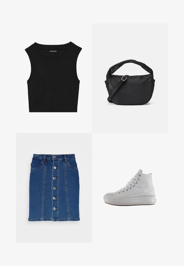 Μαύρο αμάνικο crop top με ραβδωτή υφή. Διαθέτει στρογγυλή λαιμόκοψη και φαρδιές ραφές στους ώμους. Κατασκευασμένο από ελαστικό ύφασμα.; Vero Moda VMPETRA SHORT SKIRT - Τζιν φούστα - medium blue denim; Άσπρο αυθεντικό ψηλό πάνινο παπούτσι με λευκά κορδόνια, μεταλλικές οπές, παχιά λαστιχένια σόλα και υφασμένη προστασία στα δάχτυλα, στραμμένο προς τα αριστερά σε λευκό φόντο.; Μαύρη υφασμάτινη τσάντα ώμου με στριφτό χερούλι, αποσπώμενο λουρί και κλείσιμο με φερμουάρ στην κορυφή. Λείο υλικό και μινιμαλιστικός σχεδιασμός.