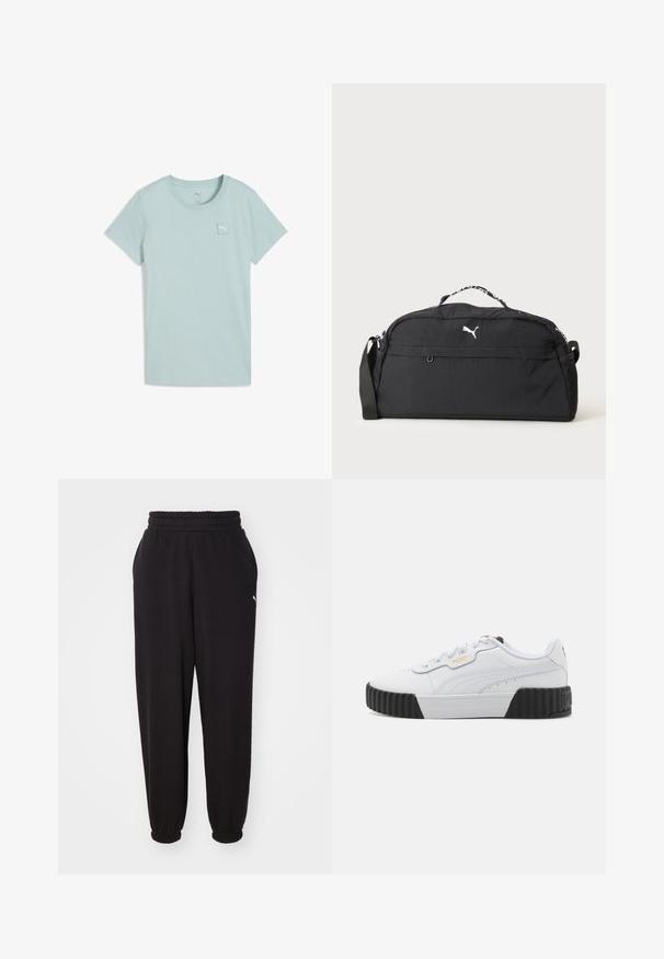 Camiseta de manga corta azul claro en algodón suave, con un parche cuadrado con el logo en el pecho izquierdo y un cuello redondo clásico.; Pantalones de chándal negros hechos de tela suave, con cinturilla acanalada y tobillos ajustados. Incluye un pequeño logotipo en el costado.; Zapatillas blancas con un upper de cuero texturizado, suela de plataforma de goma negra y sutil logo dorado en el lateral. Cordones redondos y detalles cosidos.; Bolsa de deporte negra Puma con logo blanco, asa superior, correa de hombro ajustable y bolsillos laterales de malla sobre un fondo liso.