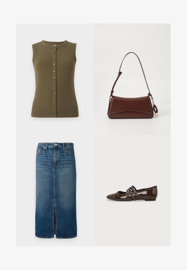 Top sans manches vert olive avec une texture côtelée, décolleté rond et une fermeture à boutons à l'avant dotée de sept boutons gris.; Jupe midi en denim bleu foncé avec une fente à l'avant, cinq poches et des coutures contrastées. Elle dispose d'une fermeture par bouton et zip à la taille.; Chaussure plate en cuir verni marron avec bout pointu et trois brides ajustables à boucle sur le côté, vue du profil extérieur.; Sac à main en cuir marron avec une silhouette incurvée, une seule sangle et des garnitures en or. Il présente un accent tressé et une texture lisse et mate.