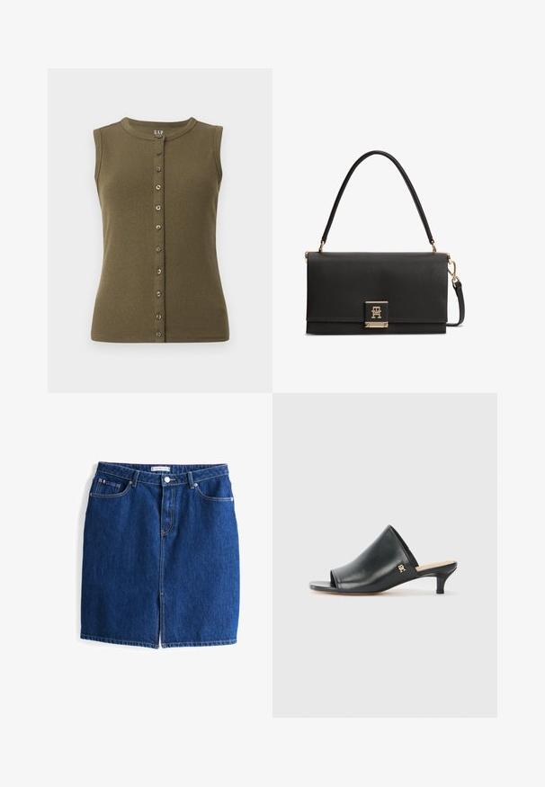 Top sans manches vert olive avec une texture côtelée, décolleté rond et une fermeture à boutons à l'avant dotée de sept boutons gris.; Jupe en denim de couleur bleu foncé, avec fermeture à boutons à l'avant et deux poches. Elle présente une coupe droite et une longueur au genou.; Mules ouverts en cuir noir avec un talon bas. Présentent une surface lisse et un accent logo doré sur le côté.; Sac à main en cuir noir texturé avec une poignée supérieure, un fermoir doré présentant un logo TH entrelacé, et une bandoulière détachable.