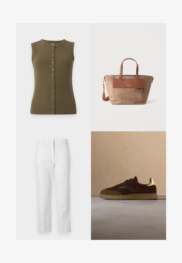Top sans manches vert olive avec une texture côtelée, décolleté rond et une fermeture à boutons à l'avant dotée de sept boutons gris.; Pantalon blanc taille haute à jambes droites avec passants de ceinture, fermeture éclair avant et poches latérales, présenté sur un fond uni.; Baskets marron à lacets avec imprimé léopard et accents dorés flottant au-dessus d'un tapis beige dans une pièce minimaliste.; Sac cabas beige de taille moyenne avec poignées en cuir marron, poche avant et bandoulière amovible, sur fond blanc.