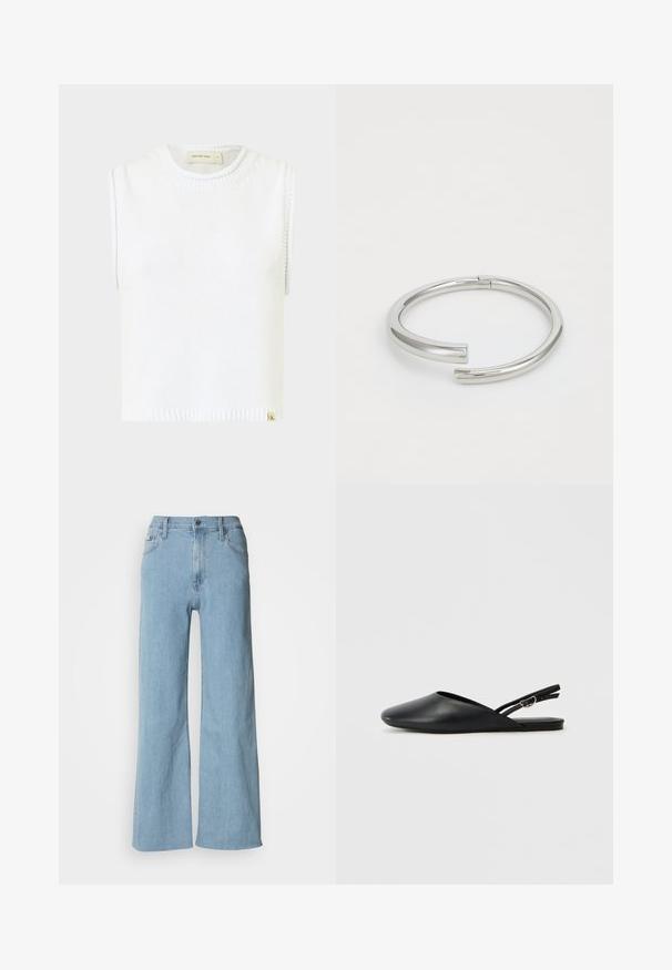 Haut en tricot sans manches blanc avec un col rond, ourlet côtelé et détails de couture sur les côtés ; présente une petite étiquette de marque en bas.; Jeans en denim bleu clair à jambes larges, avec une taille cintrée, un design à cinq poches et des détails de couture subtils.; Chaussures slingback en cuir noir avec un bout pointu, un design incurvé et une sangle réglable à boucle. Texture lisse, semelle plate, détails minimaux.; Calvin Klein SPIRAL - Bracelet - silver-coloured