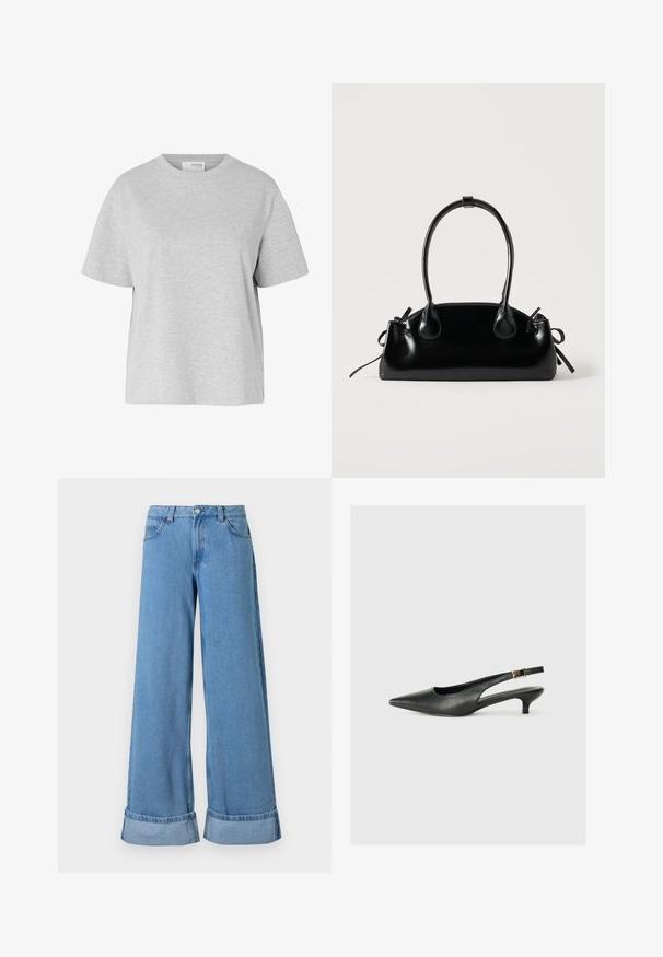 Lysegrå T-shirt med korte ærmer og rund hals, løs pasform og uden synlige mønstre eller logoer.; Lyseblå denim bukser med vide ben har høj talje, optrillede nederkanter, fem lommer og en knaplukning med lynlås.; Sorte spidse slingback-sko lavet af glat læder. Har en tynd hæl og en spænde detalje på den justerbare rem.; Lille sort blank håndtaske med to lange håndtag og snøre-detaljer i siden på en ensfarvet lys baggrund.