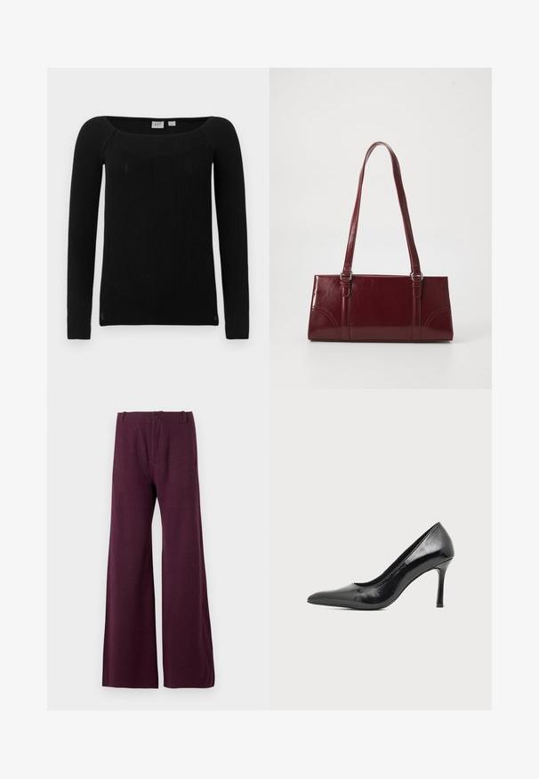 Haut noir côtelé à manches longues avec un col carré. Fabriqué à partir d'un tissu texturé et extensible. Offre une coupe ajustée et des manches légèrement fuselées.; Pantalons larges bordeaux en tissu léger. Caractéristiques d'une fermeture à bouton et à fermeture éclair à l'avant, avec une texture lisse et uniforme.; Chaussure à talon haut pour femme en cuir verni noir avec bout pointu et talon fin sur fond clair uni.; Sac à main bordeaux en matériau brillant, de forme rectangulaire, avec deux anses et des accents légèrement courbés à l'avant.