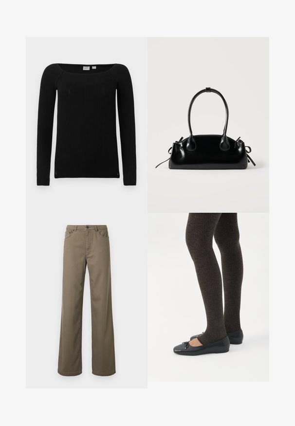 Haut noir côtelé à manches longues avec un col carré. Fabriqué à partir d'un tissu texturé et extensible. Offre une coupe ajustée et des manches légèrement fuselées.; Pantalon à jambes larges en coton vert olive, doté d'une fermeture à boutons, de passants pour ceinture, et d'un design à cinq poches avec une texture lisse et durable.; Jambes portant des leggings côtelés foncés associés à des ballerines noires avec de petits détails en nœud sur fond blanc.; Petit sac à main noir brillant avec deux longues anses et des détails à cordon sur les côtés sur un fond clair uni.