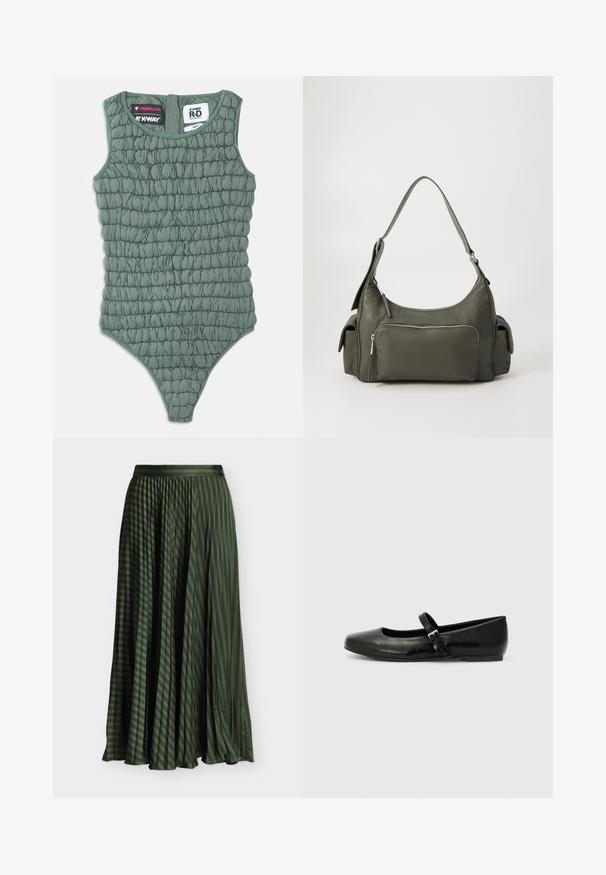 Body vert sans manches avec texture matelassée, doté d'un col montant et d'un dos décolleté. Réalisé en matériau léger et résistant à l'eau.; Longue jupe plissée vert foncé avec des rayures noires diagonales et une ceinture, présentée sur un fond blanc.; Ballerines en cuir noir avec un bout arrondi, une semelle plate et une fine sangle ajustable sur le cou-de-pied avec une boucle en métal.; Sac à épaule en cuir vert avec un design arrondi, poche zippée à l'avant et poches supplémentaires sur les côtés. Texture lisse et matériel minimal.