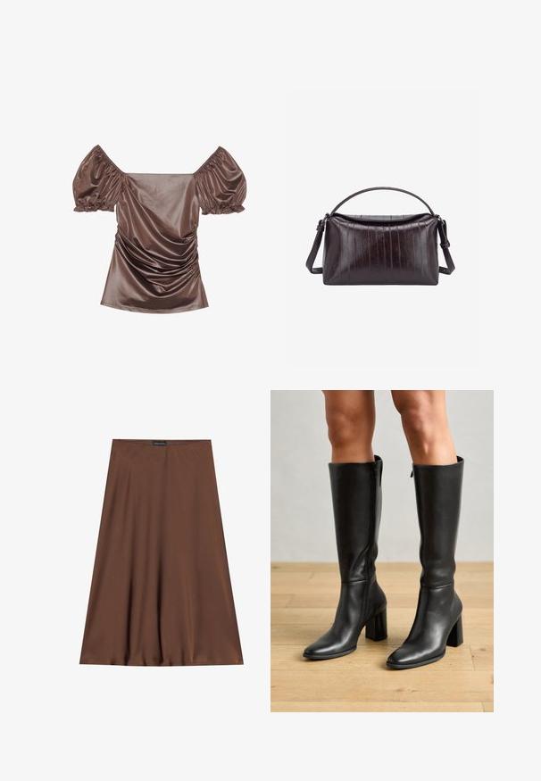 Bruine satijnen off-shoulder top met pofmouwen, gerimpelde details aan de voorkant en een soepele textuur. Elastische manchetten aan de mouwranden.; Bruine A-lijn rok van soepele stof. Voorzien van een tailleband met een label, een eenvoudig ontwerp en een vloeiende silhouet.; Zwarte leren kniehoge laarzen met een vierkante neus, hoge blokhak en ritsdetail aan de zijkant, tegen een houten vloer als achtergrond.; Donkerbruine leren tas met een getextureerd, gestreept oppervlak. Voorzien van een bovenhandvat en een verstelbare schouderriem. Rechthoekige vorm.