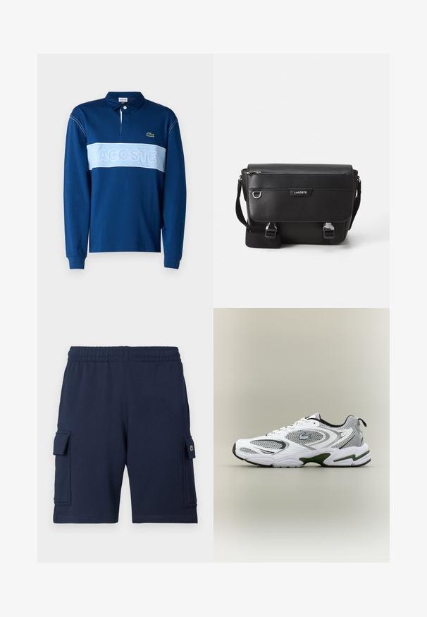 Námornícky modrá polokošeľa s dlhým rukávom s svetlomodrým horizontálnym pruhom obsahujúca text "LACOSTE", z mäkkej látky, s golierom na tri gombíky.; Námornícky modré cargo šortky vyrobené z mäkkej látky, s elastickým pásom, dvoma bočnými vreckami a malým logom na ľavom vrecku.; Biele a šedé športové bežecké topánky so sieťovými panelmi, zelenými akcentmi, čiernymi detailmi a logom na boku, zobrazené z vonkajšej strany.; Čierna textúrovaná messenger taška Lacoste s nastaviteľným popruhom, prednou chlopňou, zipsovou kapsou a kovovými prackami.